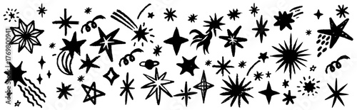 vector Set with stars and meteorites drawn by hand in doodle style.  for  t shirt, poster  , icon set, black color
