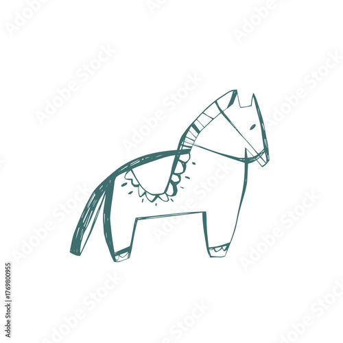 Scandinavian horse illustration in minimal folk style with hand drawn decorative details and simple rustic design