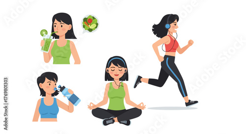 a vector woman practicing healthy lifestyle habits