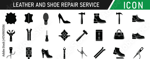 Leather and shoe repair service glyph icon set. Including Shoe, Hammer, Awl, Needle, Thread, Leather, Sole, Anvil. Vector silhouette sign illustration