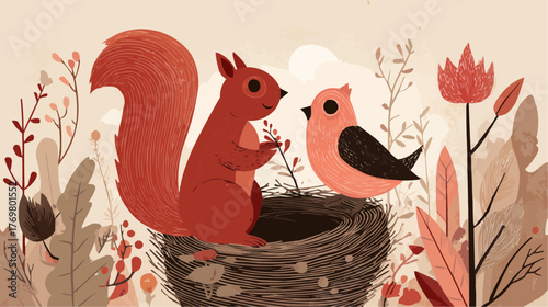 Squirrel and bird building a nest together, flat vector with bold shapes and natural tones, perfect for educational materials, eco campaigns, and wildlife-themed designs