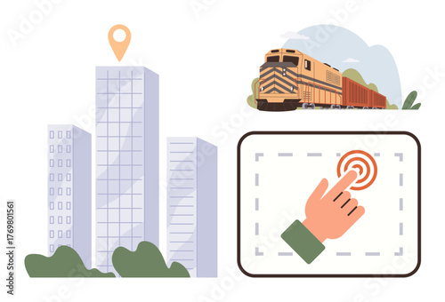 Train near greenery, tall city buildings with location marker, hand selecting GPS location. Ideal for logistics, transportation, business, tracking, city planning supply chain innovation. Simple