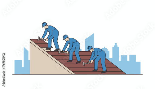 Construction workers installing new roof shingles on a residential building, applying each tile with a hammer, demonstrating teamwork and progress in a city setting with a transparent background