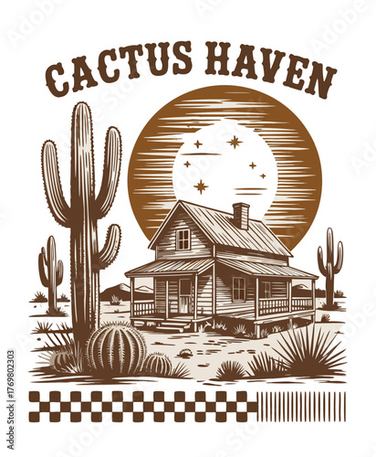 A vintage-style woodcut illustration in sepia brown
tones featuring a rustic western homestead scene. The text "Cactus Haven" appears at the top in a bold, textured font