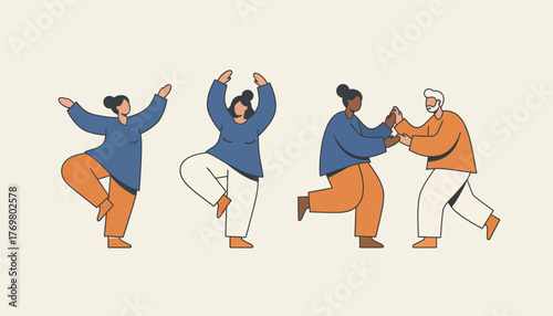 Diverse group of people of different ages and body types dancing joyfully together, celebrating movement, fitness, friendship and inclusive active lifestyle on white background