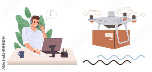 Man with headset working on computer, assisting a quadcopter delivering a package. Ideal for technology, logistics, customer service, communication, innovation, e-commerce and delivery. Simple flat