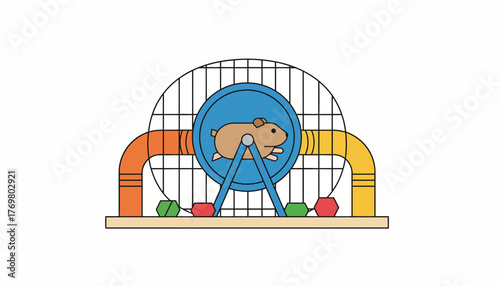 A closeup of a hamster running on a wheel inside a wellfurnished cage with tunnels and chew toys.