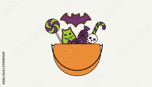 A trickortreat bucket overflowing with ghoulishly themed sweets and treats capturing the excitement of the Halloween night.