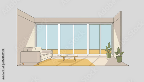 A bright airy living room awaiting decoration with sunlight streaming in through large windows setting the stage for new life.