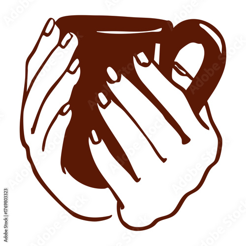 Hand drawn illustration of hands holding a warm cup in brown line art. Cozy drink vector design. Coffee, tea, or hot chocolate graphics.