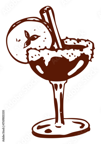 Hand drawn apple cocktail with cinnamon stick and sugar rim in brown line art. Autumn drink vector illustration. Seasonal, cafe, bar graphic design.