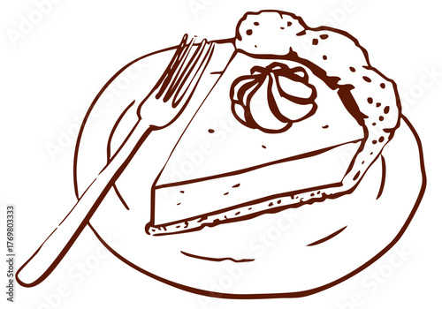 Hand drawn pumpkin, lime or buttermilk pie slice on plate with whipped cream and fork in brown line art. Dessert vector illustration. Cafe, bakery graphics.