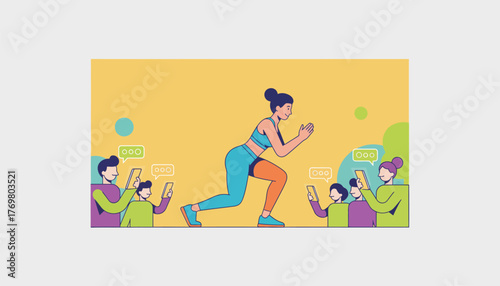 Fitness influencer woman performing a lunge exercise. With several diverse people around her observing and interacting via smartphones. Illustrating online fitness coaching and social media engagement