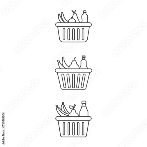 Three simple line art icons of grocery shopping baskets filled with food