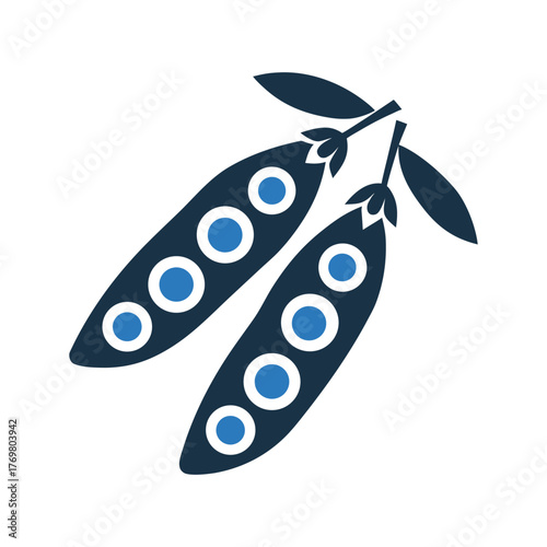 Stylized icon of two dark blue pea pods with blue peas