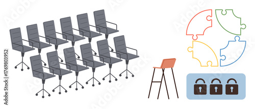 Conference chairs in rows, single high stool, interconnected puzzle pieces forming a circle, padlock icons. Ideal for teamwork, security, planning, organization, problem-solving structure