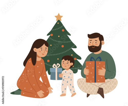 Family sitting by Christmas tree and exchanging gifts. Warm festive illustration in Scandinavian minimalism style. Perfect for holiday cards, family prints, and cozy winter designs.