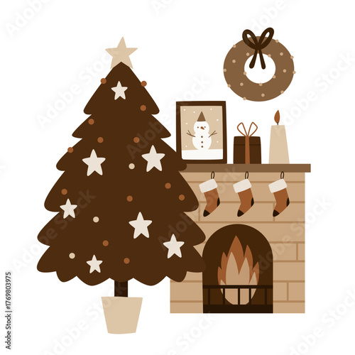 Cozy Christmas scene with decorated tree, fireplace, stockings, wreath and gifts. Scandinavian minimalism style perfect for holiday cards, winter decor, kids prints, and seasonal design projects.