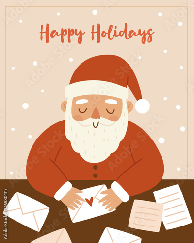 Santa Claus writing heartfelt letters at his desk. Gentle Christmas postcard scene in Scandinavian minimalism style. Perfect for greeting cards, festive prints and holiday stationery.