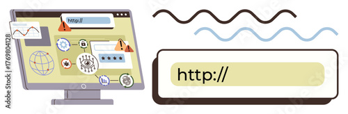 Computer monitor displaying web security elements, error warnings, and icons with a browser search bar. Ideal for online safety, digital risk, network protection, web browsing, vulnerability