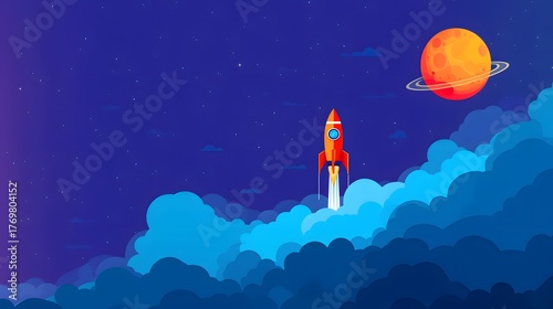 Fototapeta Naklejka Na Ścianę i Meble -  Illustration of a rocket in space concept. Flat illustration of a rocket in space with clouds, stars and planets