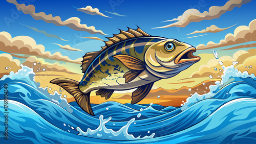 Realistic vector of a single fish jumping above calm blue ocean, water splash, bright daylight, detailed waves, cloudy horizon, natural marine atmosphere, soft sunlight reflections, peaceful scene