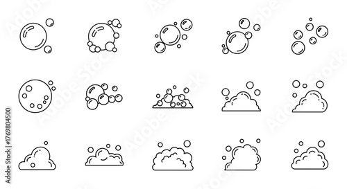 A collection of thin line vector cartoon illustrations depicting various bubbles and foam elements on a clean white background, perfect for graphic design projects requiring a minimalist and clean