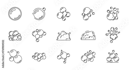 Set of hand-drawn bubble and foam symbols in thin line art style, presented as a vector cartoon illustration on a clean white background, perfect for representing cleanliness, effervescence, and airy
