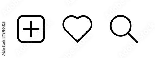 Add icon, heart icon, search icon, Add Plus Icon, Heart shape, vector illustration.