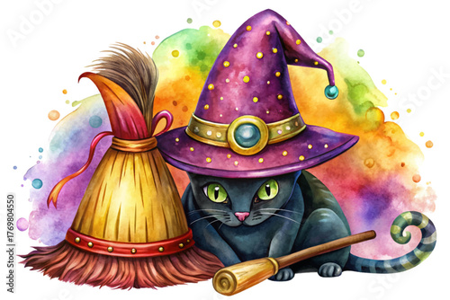 Classic witch hat beside broom and black cat isolated on white background representing magic and folklore