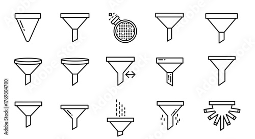 Collection of funnel line icons, representing various filtering and separation processes, ideal for web, books, cards, and apps. This ordered set features clean vector cartoon illustrations on a