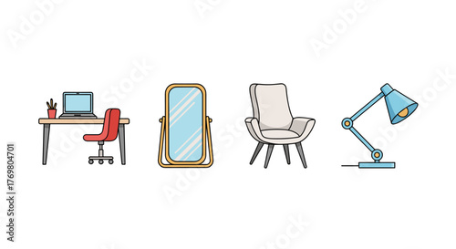 Set of flat design icons representing essential furniture for interior decoration, including a modern desk with a laptop and office chair, a full-length mirror, a comfortable armchair, and an