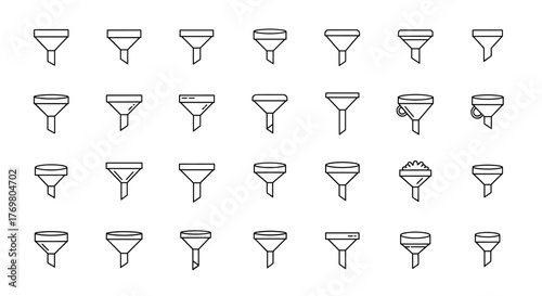 Collection of minimalistic funnel icons and symbols in a cartoon illustration style, perfect for web design, graphic design, app interfaces, banners, social networks, and cards, presented on a clean