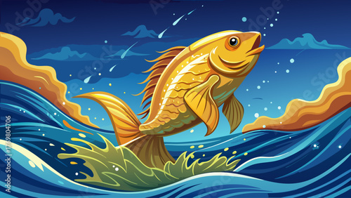 Realistic vector of a golden fish breaching the ocean surface, sparkling water drops, sunlight reflections, deep blue waves, natural marine atmosphere, clear sky, calm scene