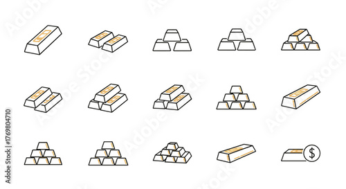 Collection of stylized gold bar icons with editable stroke, presented in isometric perspective on a black background, perfect for infographics, articles, books, flyers, and banners, representing