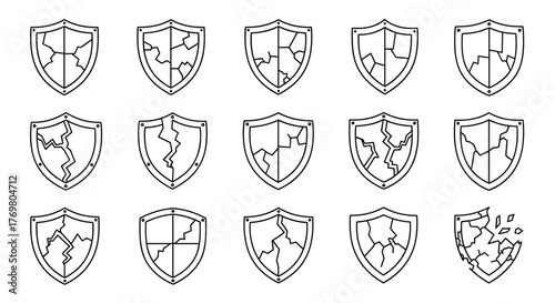 Collection of fifteen cracked shield icons, hand-drawn in a white line art style on a black background, representing broken security, vulnerability, and damage, perfect for digital and print design