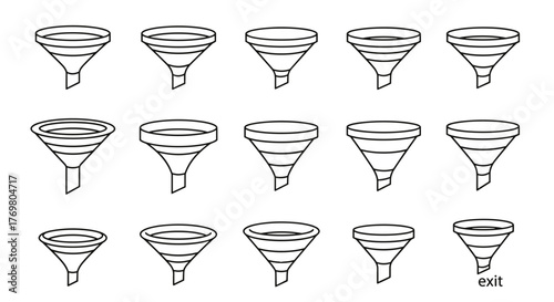 Set of 15 outline funnel icons for graphic design, websites, cards, books, and articles, presented as a vector cartoon illustration with a clean white background, showcasing various sizes and styles