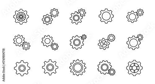 Set of outline gear and cogwheel line icons, representing mechanical components and engineering. These versatile vector graphics are perfect for web design, app interfaces, advertisements, and