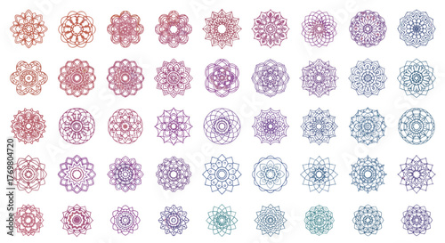 A stunning collection of 40 gradient mandala designs, presented as vector cartoon illustrations on a clean white background, featuring intricate patterns and a vibrant color palette, perfect for