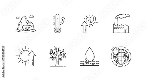 Global warming minimalistic thin outline icon set for web and graphic design, apps, banners, social networks, and cards. Vector cartoon illustration depicting environmental issues like melting ice