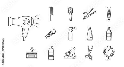 A collection of minimalistic thin line icons representing various hair salon and barber tools, including a hairdryer, combs, hair clips, spray bottles, styling products, scissors, and a mirror, all