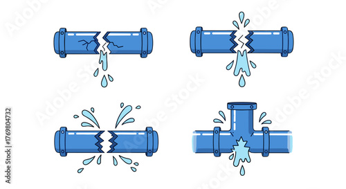 Set of four cartoon illustrations depicting broken blue pipes with water leaking and splashing, isolated on a black background, representing plumbing issues, leaks, and water damage, suitable for