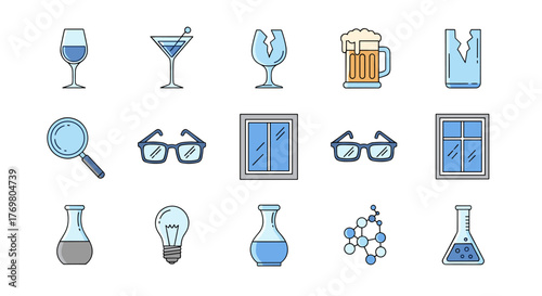 A collection of flat design line icons related to glass objects and scientific concepts, including wine glasses, martini glasses, broken glass, beer mugs, magnifying glasses, eyeglasses, windows