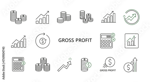 Collection of gross profit icons in various styles, featuring stacks of coins, bar charts with upward trends, calculators, and circular arrows indicating growth and financial cycles, presented as