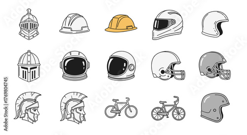 A diverse collection of line art helmet icons, featuring historical knight helmets, modern motorcycle helmets, astronaut helmets, construction hard hats, sports helmets, and Roman soldier helmets