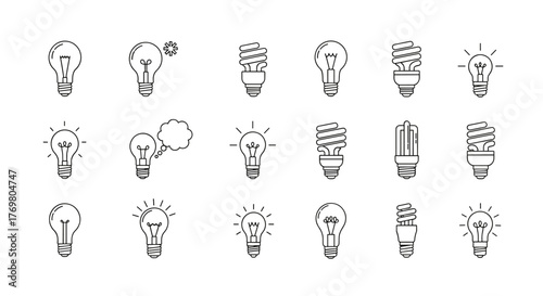 Collection of light bulb line icons, representing ideas, innovation, and energy efficiency, including traditional incandescent and modern compact fluorescent lamp (CFL) designs, presented in a clean