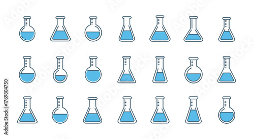 Collection of minimalistic linear web icons representing light blue lab flasks filled with liquid, featuring color outlines and a clean design. These icons are perfect for web and graphic design