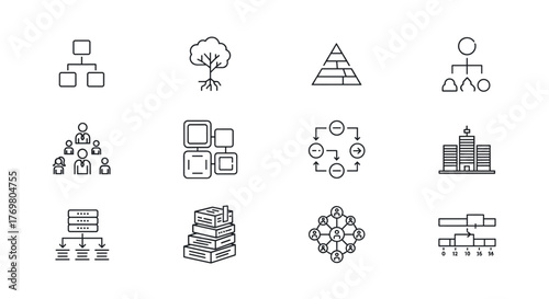 Collection of 12 thin line icons representing hierarchy, organization, and business concepts, suitable for web, apps, and print. Includes organizational charts, team structures, data flow, and