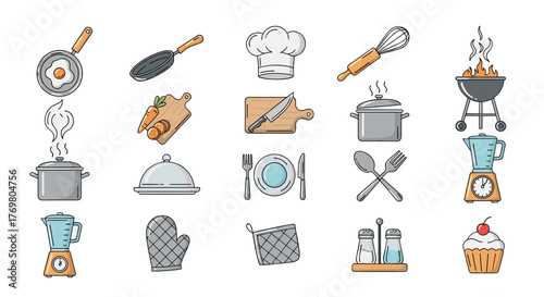 Vibrant Line Icon Set for Cooking and Culinary Arts, Featuring Utensils, Barbecue Grill, Dishes, Plates, and Kitchen Appliances, Ideal for Graphic Design, Apps, and Web Concepts, Vector Cartoon