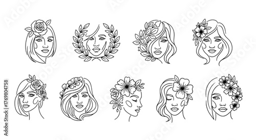 Collection of ten elegant line art illustrations of women's faces adorned with delicate floral elements and leafy wreaths, presented as a cohesive vector set on a clean white background, perfect for